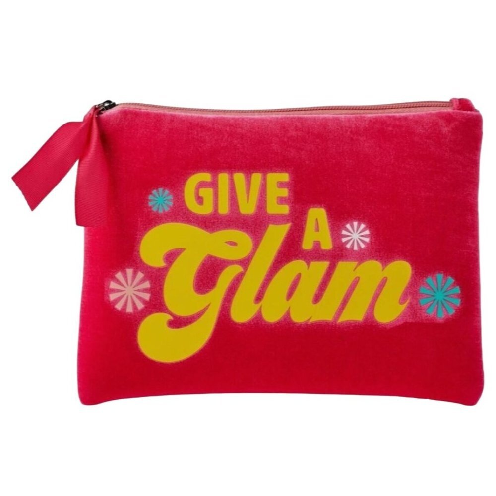 Benefit Cosmetics Give a Glam Makeup Bag Hot Pink Velvet Yellow Flowers ZIpper